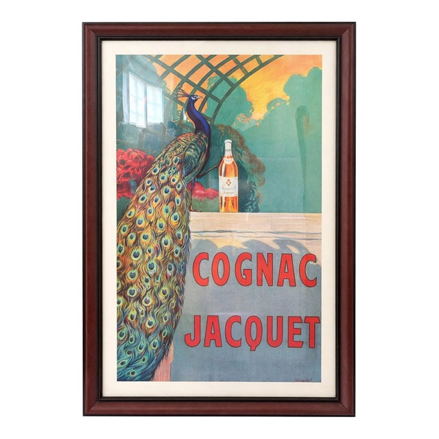 Vintage “Cognac Jacquet” Advertising Poster — French Art Deco Style Framed Wall Art (Peacock Motif) For Sale