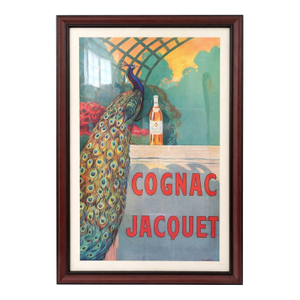 Vintage “Cognac Jacquet” Advertising Poster — French Art Deco Style Framed Wall Art (Peacock Motif)
