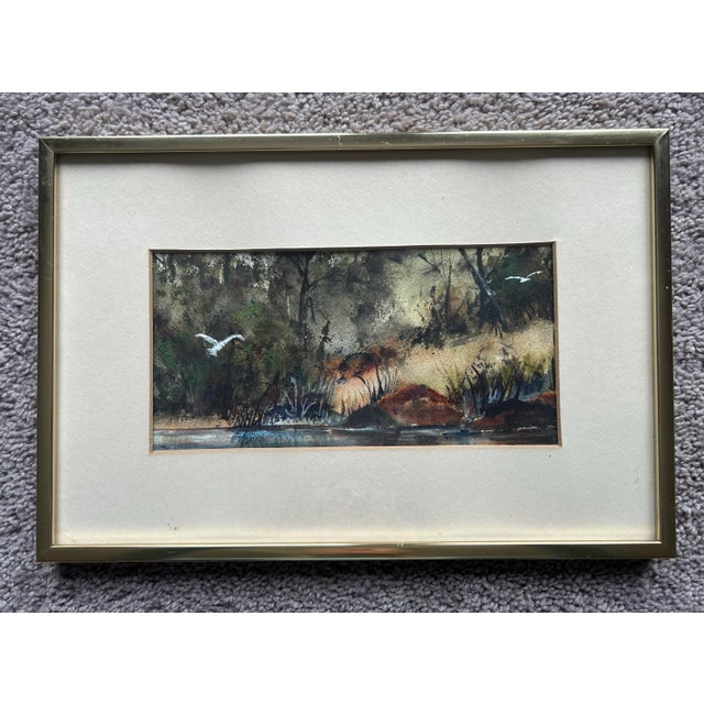 Vintage original small watercolor of the Florida Everglades woodland scene with birds. In original gold metal frame.