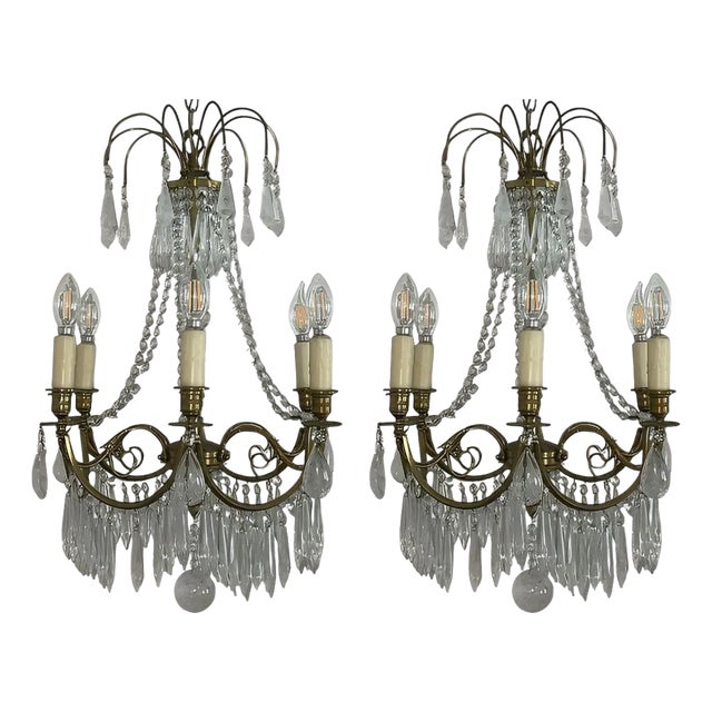 Pair of French Brass Chandeliers With Rock Crystal & Glass. Early 20th Century. For Sale