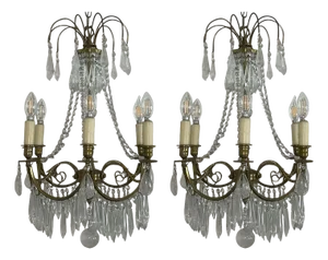 Pair of French Brass Chandeliers With Rock Crystal & Glass. Early 20th Century.