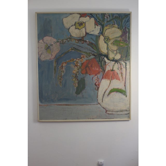 Blue Large Mid 20th Century Abstract Floral Still Life Painting on Canvas, Framed For Sale - Image 8 of 8
