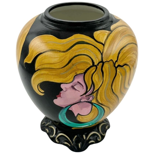 Deco Fine Art Hand Painted Ceramic Vase Blonde Woman Portrait Art Pottery 2014 For Sale - Image 9 of 10