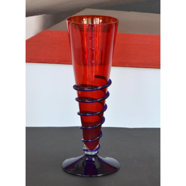 1990s Signed Murano Blown Red Blue Swirl Art Glass Vase Italy For Sale - Image 5 of 12