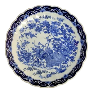Japanese Arita Imari Blue and White Porcelain Charger With Bird, Basket, Flowers