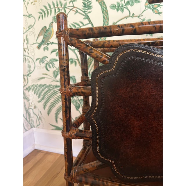Vintage Maitland - Smith Scorched Bamboo and Tooled Leather Chinoiserie Canterbury Magazine Rack For Sale In New Orleans - Image 6 of 11