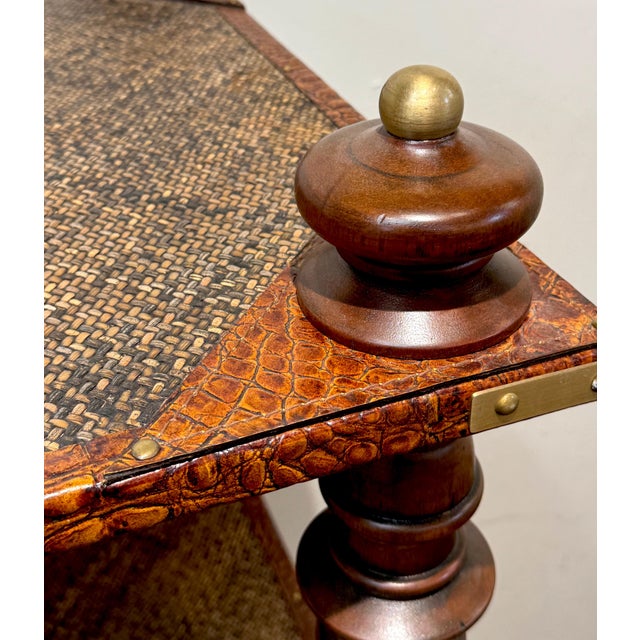 English Pair of Four-Tier Anglo-Indian Leather, Brass & Rattan Étagères/ Shelves For Sale - Image 3 of 12