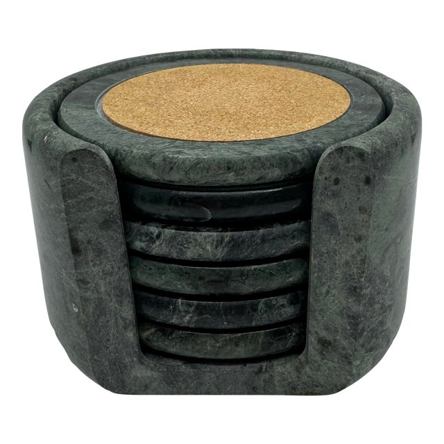 1980's Jade Green Marble Coaster Set - 7 Piece For Sale