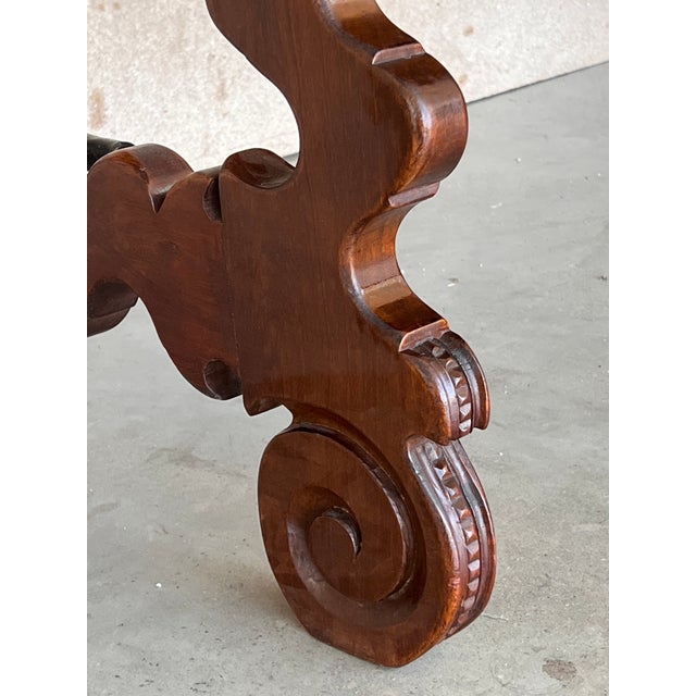 Late 19th Century 20th Century Spanish Baroque Carved Walnut Lyre Legs Trestle Dining Farm Table For Sale - Image 5 of 12
