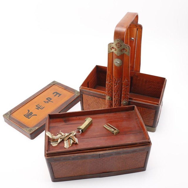 Tall Vintage Chinese Brass Bound Wooden Locking Box Set Chairish