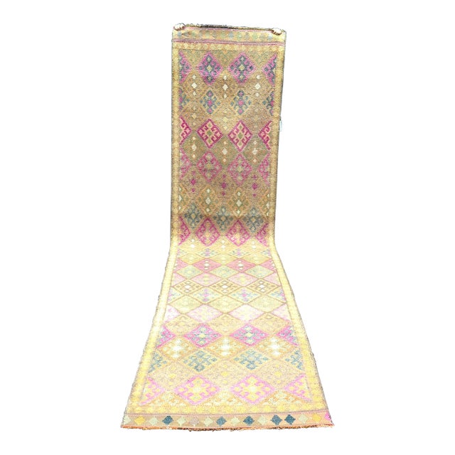 1960s Geometric Design Handmade Wool Turkish Runner For Sale