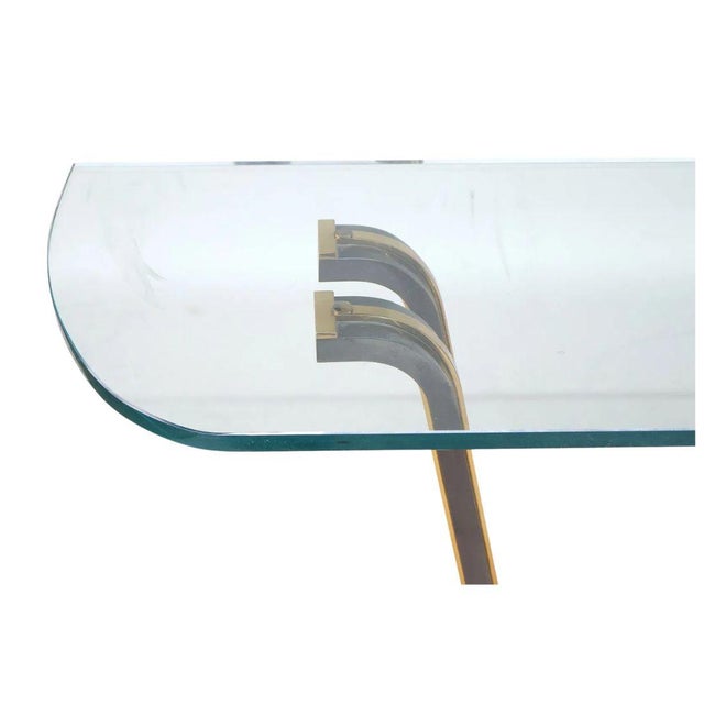 Mid-Century Modern Art Deco Style Two Tone Console Table With Brass Accents and Glass Top For Sale - Image 3 of 4
