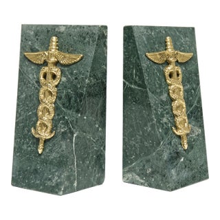 1970s Green Stone Bookends With Brass Caduceus Symbol a Pair For Sale