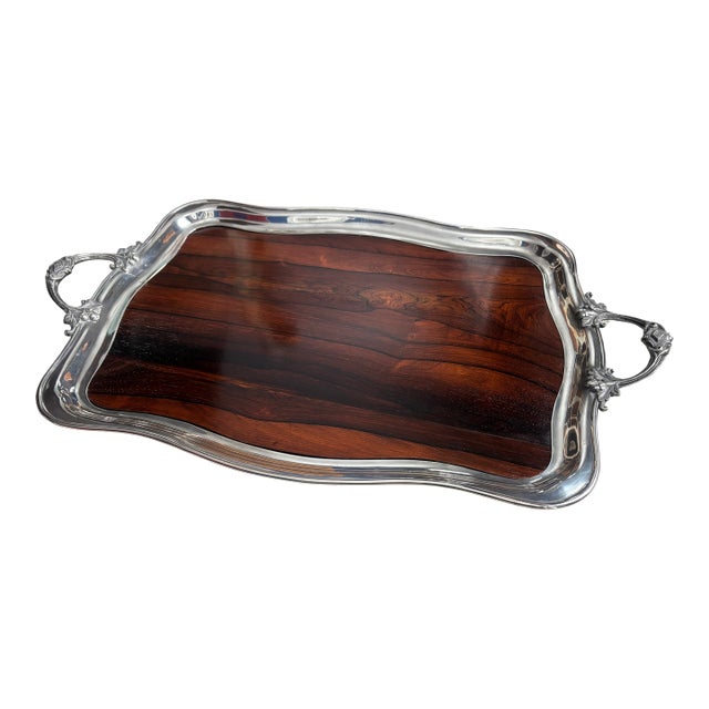 Silverplate and Rosewood Serving Tray, Hallmarked For Sale