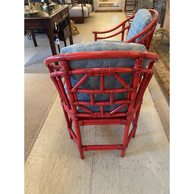 Red Red Coral Bamboo & Rattan Club Chairs With Custom Cushions -a Pair For Sale - Image 8 of 11