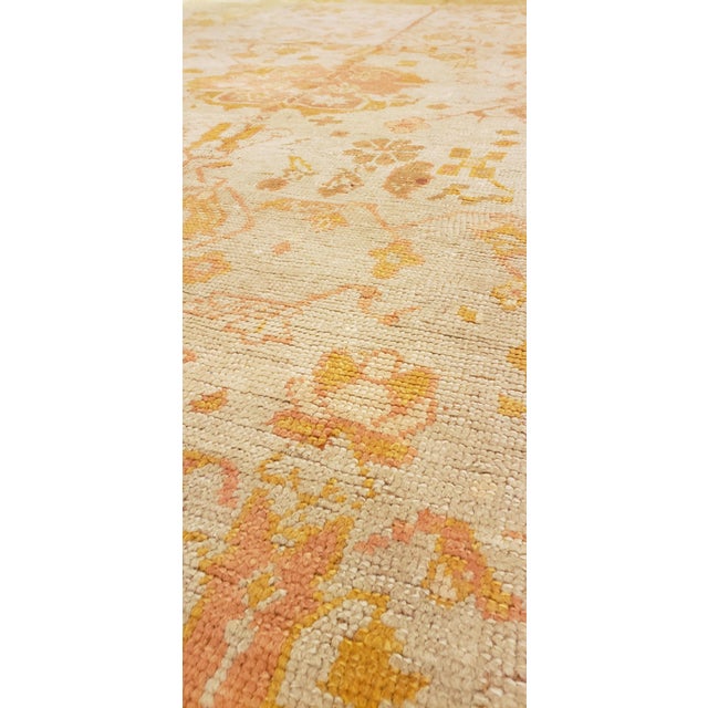 Antique Oushak Carpet, Handmade Oriental Rug, Pale Blue Green, Yellow, Coral Rug For Sale In New York - Image 6 of 18
