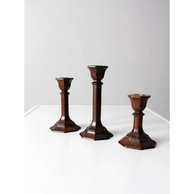Mid 20th Century Vintage Wood Candlestick Holders Set of 3 For Sale - Image 5 of 11