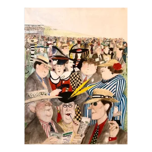 Sue Macartney Snape, Rare Large Original British Illustration Art Watercolor Painting "Horse Races", c.1986