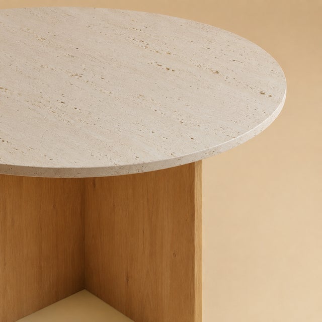 Contemporary Round Roman Travertine and Oak Dining Table by Lebanto For Sale - Image 3 of 4