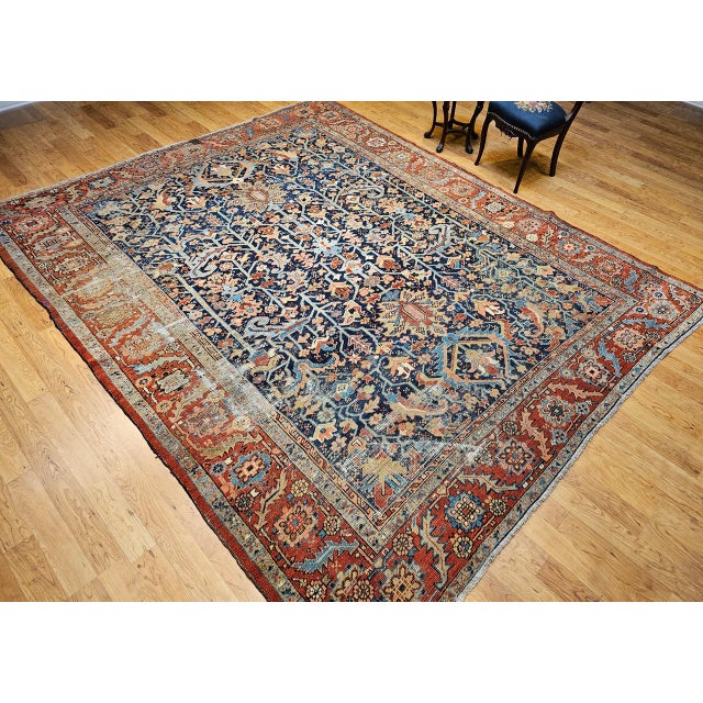 Navy Blue Antique Persian Heriz Serapi Rug, Hand-Knotted Wool, Allover Tree of Life Pattern, Blue & Brick-Red, 9x12 For Sale - Image 8 of 18