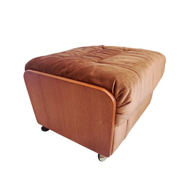 Mid-Century Saddle Ottoman in Teak and Caramel Velour on Castors from G-Plan, 1980s For Sale - Image 14 of 14