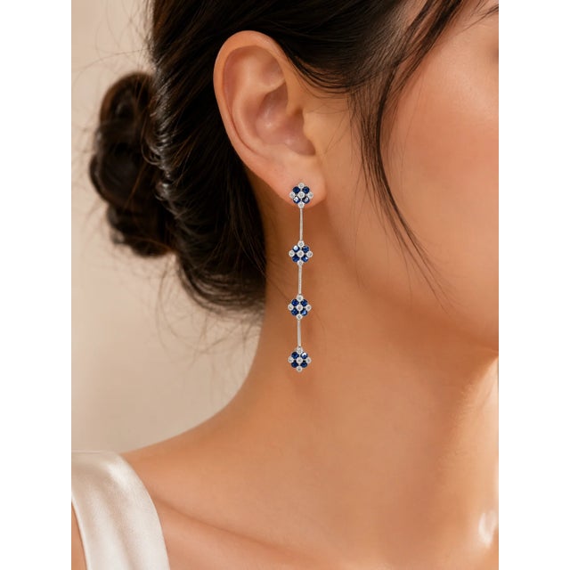 Art Deco Late 20th Century 14K White Gold Diamond Sapphire Chandelier Floral Tier Earrings, Pair For Sale - Image 3 of 3