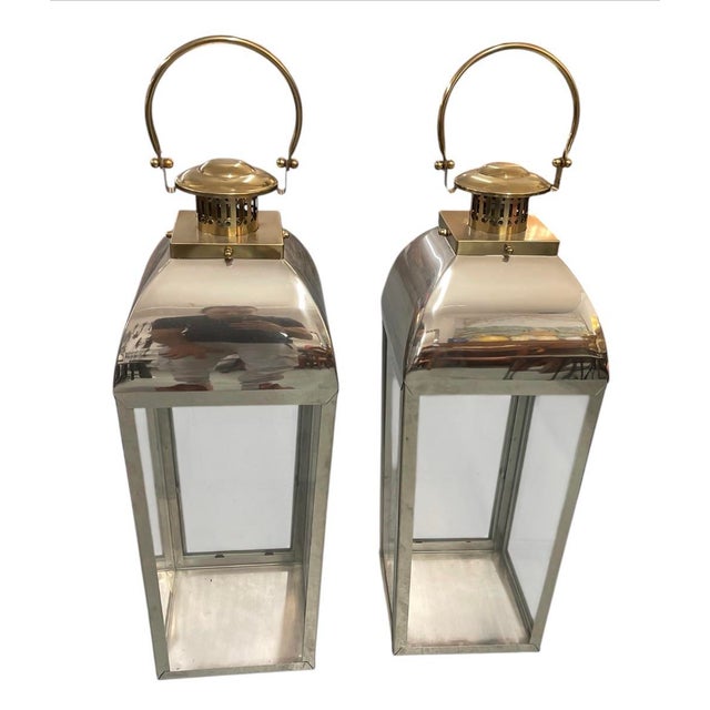 Pair of Vintage Hollywood Regency Style Polished Nickel & Brass Large Floor Lanterns For Sale - Image 4 of 12