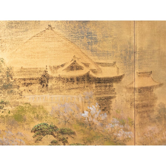 1950s Showa Era Japanese Painted Byobu Screen "Landscape With Temple" For Sale In Dallas - Image 6 of 17