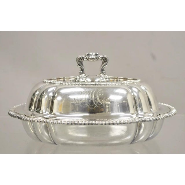 Antique GM Co. Victorian Silver Plated Covered Vegetable Dish Serving Platter with illegible monogram. Circa Early 20th...