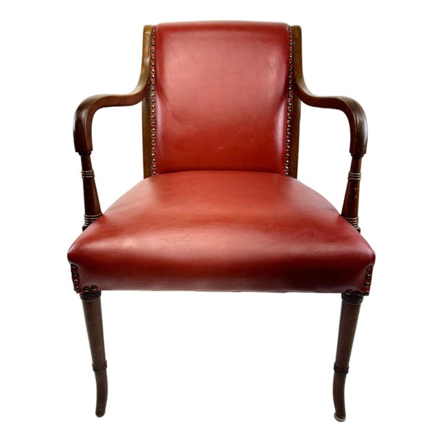 Mid 20th Century Red Leather Armchair With Curved Wood Arms and Brass Nailhead Trim For Sale