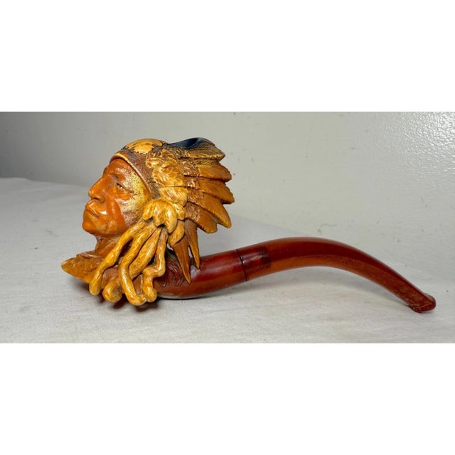 Figurative Antique 19th Century Hand Carved Meerschaum Indian Chief Smoking Pipe W/ Case For Sale - Image 3 of 14