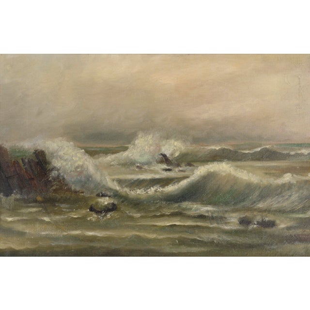 Dramatic Westcoast seascape by an unknown artist. Waves are crashing against a rocky shore, sending spray into the air....