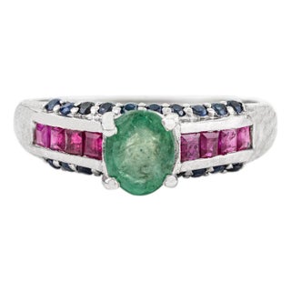 Unique Design Emerald Ruby Diamond Statement Ring Crafted in 925 Silver - Size 8.5 For Sale