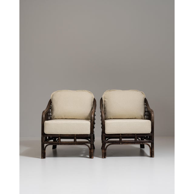 Pair of 20th Century French Dark Brown Mid-Century Organic Modernism Faux Bamboo Upholstered Armchairs For Sale - Image 15 of 15