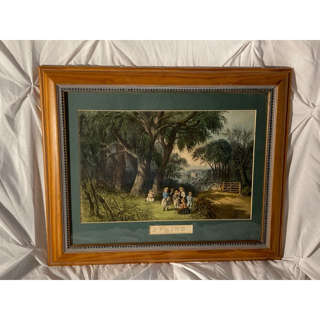 Green Mid 19th Century Original Americana Currier and Ives Colorful Spring Scene With Gate. For Sale - Image 8 of 12