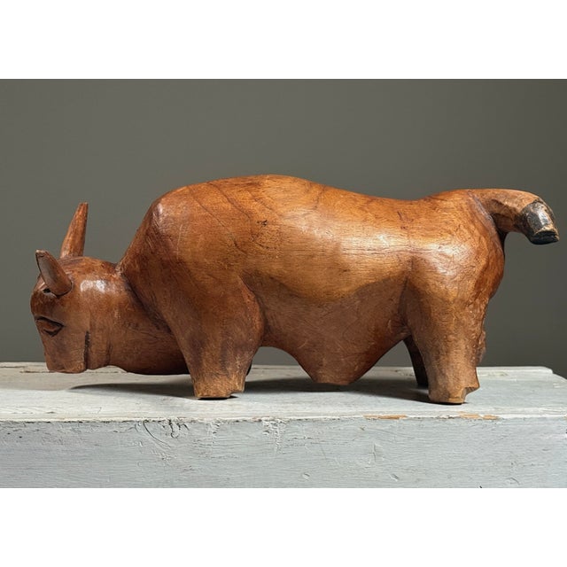 Rustic Antique Hand Carved Folk Art Bull Sculpture For Sale - Image 3 of 12