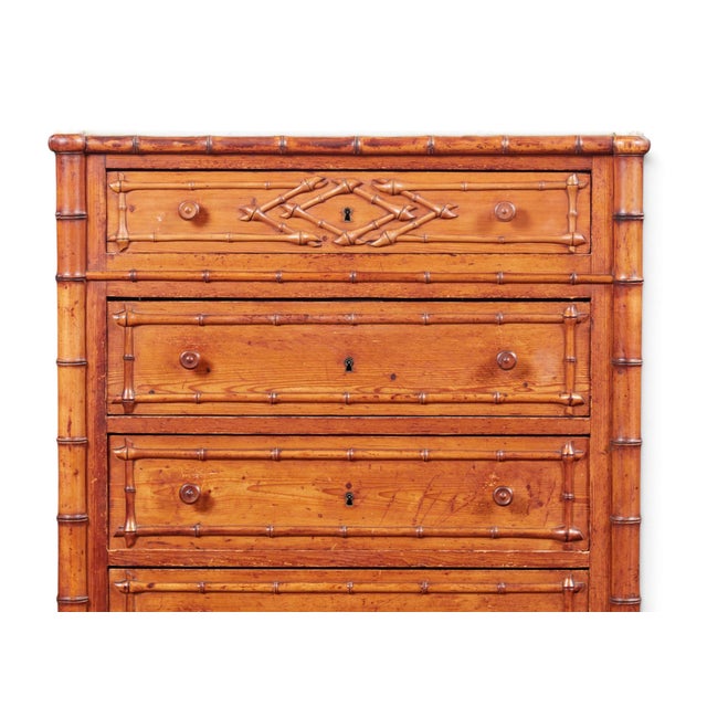Amber 19th Century French Faux Bamboo Semainier Commode–Seven-Drawer Pine Chest For Sale - Image 8 of 11