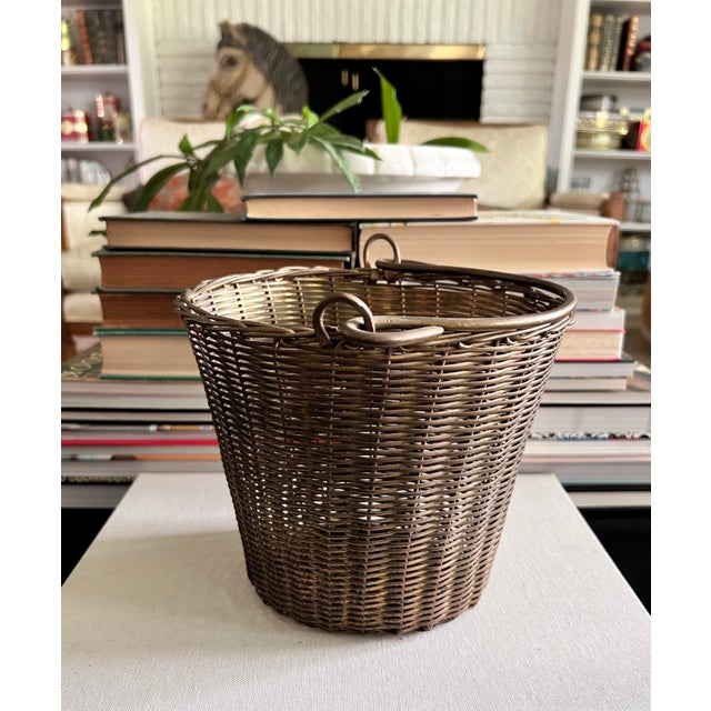 Vintage Solid Brass Woven Basket With Swing Handles For Sale - Image 12 of 12