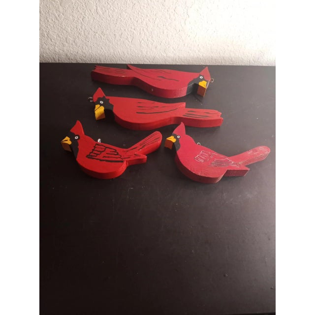1980s 1980s Handcarved Wooden Red Cardinal Christmas Ornaments Set of 4 For Sale - Image 5 of 5