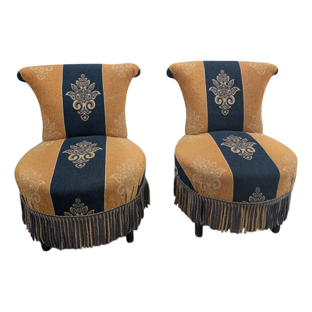 Armchairs in Mustard Yellow and Blue Fabric, 1950s, Set of 2 For Sale