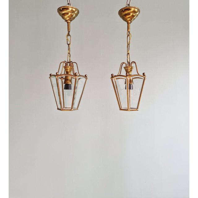 1960s Brass and Beveled Glass Pendant Lights, 1950s-1960s, Set of 2 For Sale - Image 5 of 15