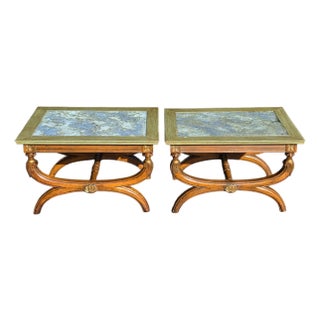 Pair of Antique 19th Century Neoclassical Style Reverse Painted Glass Top Curule Base Cocktail/Side Tables For Sale