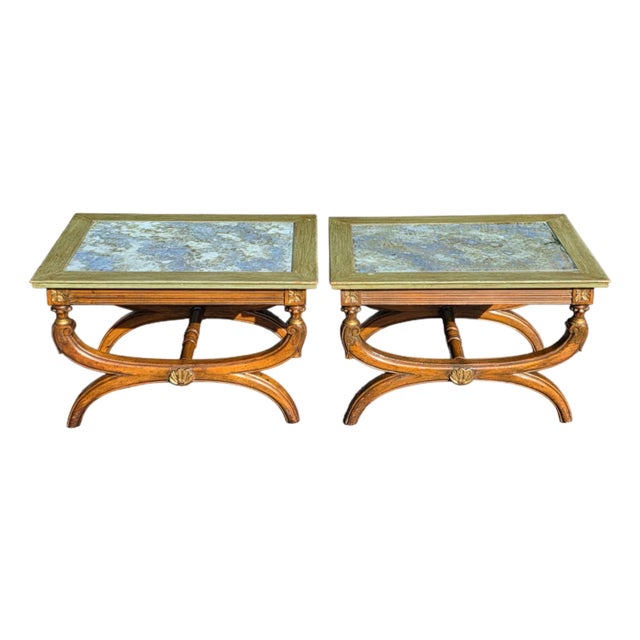 Pair of Antique 19th Century Neoclassical Style Reverse Painted Glass Top Curule Base Cocktail/Side Tables For Sale