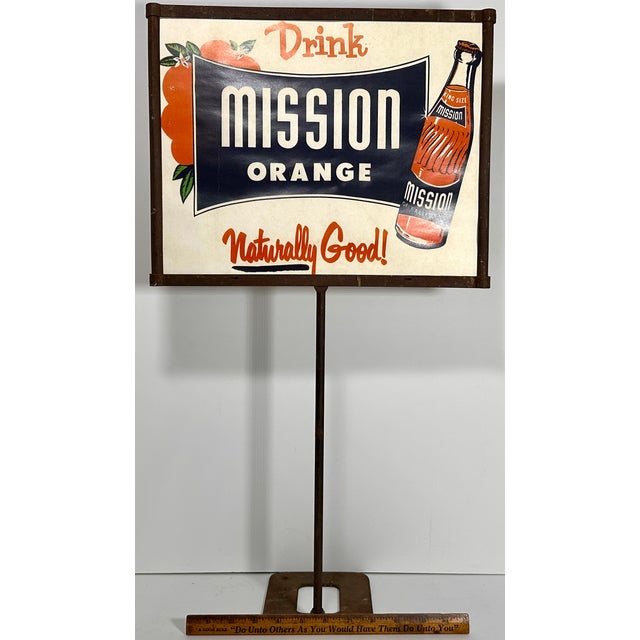 Orange 1950s MCM Mission Orange Soda Advertising Sign For Sale - Image 8 of 14
