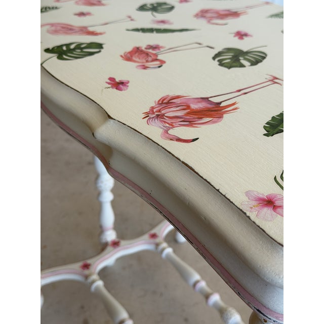 Off-white Antique Console Table With Custom Flamingo Decoupage Top | Hand-Painted Coastal Piece For Sale - Image 8 of 12