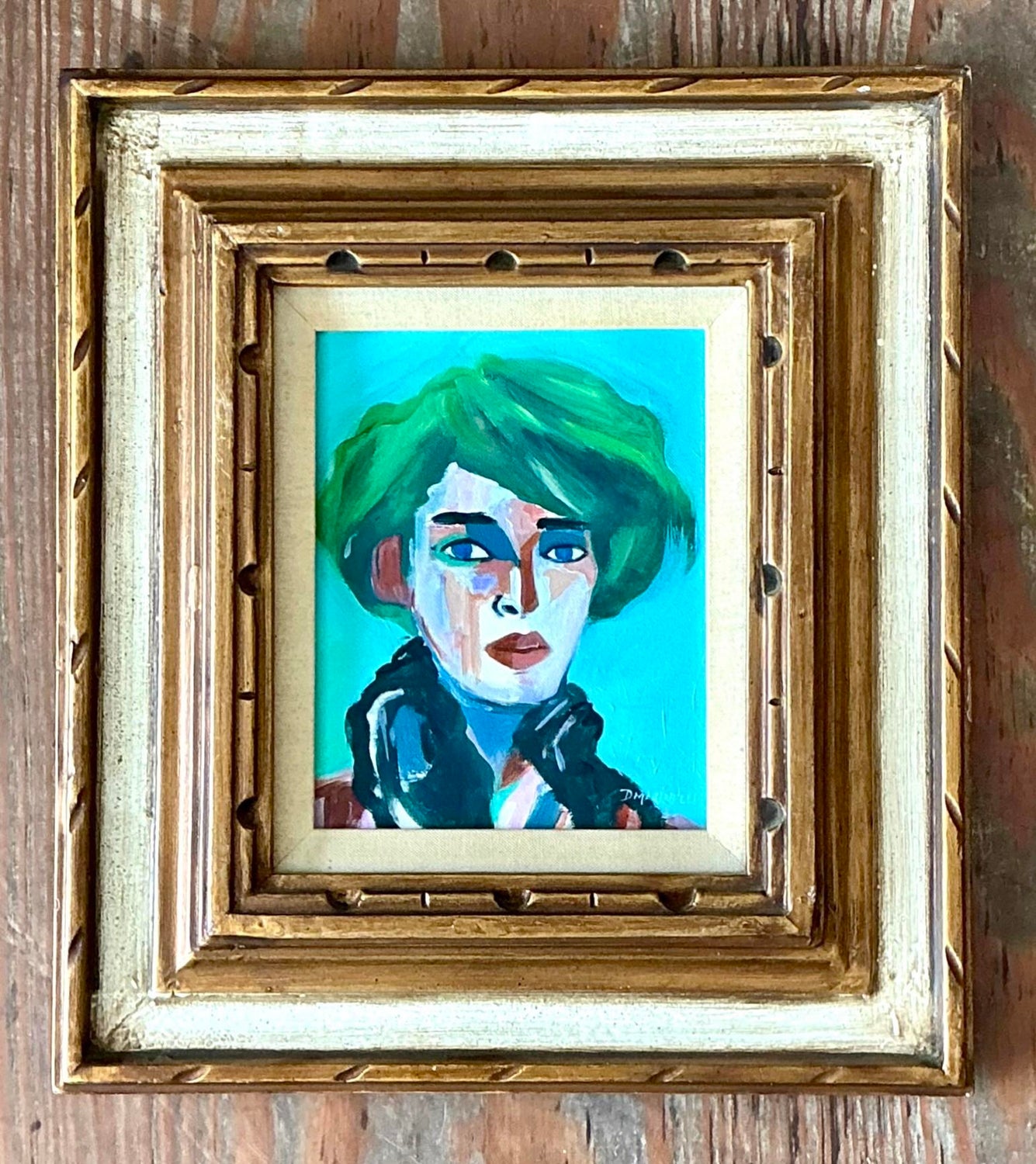 Vintage Original Abstract Portrait on Canvas - Detail view