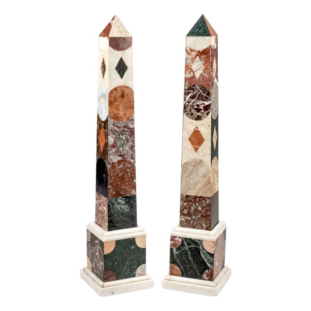 Mid 20th Century Pair MONUMENTAL GRAND TOUR STYLE SPECIMEN MARBLE OBELISKS ITALIAN ROMAN EMPIRE For Sale