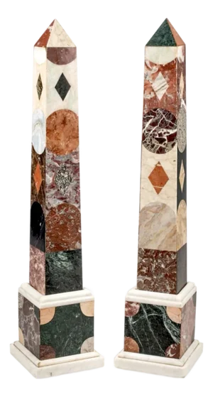 Mid 20th Century Pair MONUMENTAL GRAND TOUR STYLE SPECIMEN MARBLE OBELISKS ITALIAN ROMAN EMPIRE