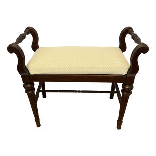 Mid-Century Traditional Carved Wood Custom Upholstered Window Bench or Vanity Bench For Sale