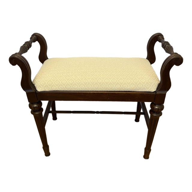 Mid-Century Traditional Carved Wood Custom Upholstered Window Bench or Vanity Bench For Sale